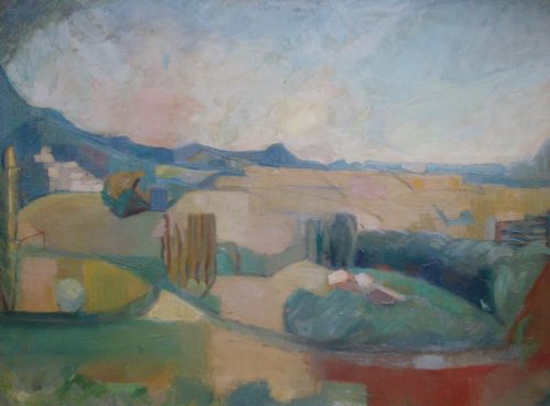 Antique French 1950s Modernist: Large Abstracted Rolling Landscape Oil on Canvas