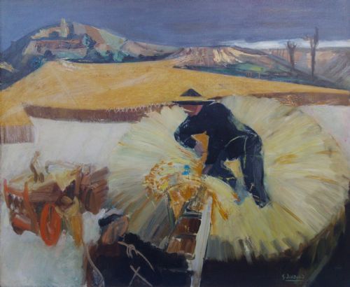Abstracted Hay Making Scene, French Modernist, with St Germain Gallery Ca 1960 Oil on Canvas