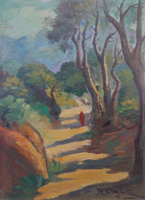 Orientalist Fairy Tale Landscape with a Rider, Ca 1930 Art Deco, Roméo Charles Aglietti (1878-1956) Oil on Panel