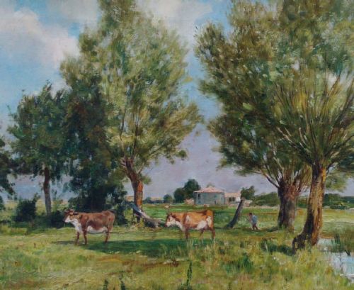 fig 1. Working on the meadow, French Impressionist ca 1890, pastoral summer landscape