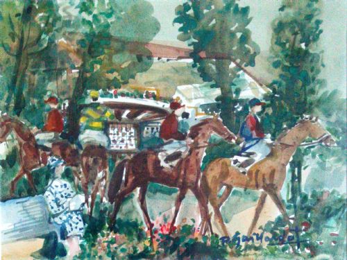 Equestrian Scene, Riders and Horses in a Summer Landscape, Pierre Gaillardot Antique French Watercolour on Paper
