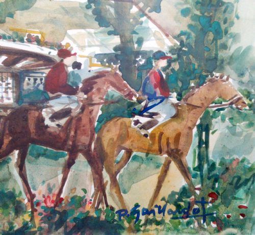 fig 1. Equestrian scene, riders and horses in a summer landscape, Pierre Gaillardot antique French watercolour on paper