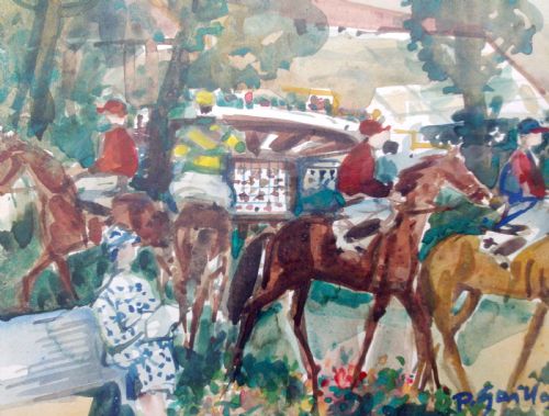 fig 2. Equestrian scene, riders and horses in a summer landscape, Pierre Gaillardot antique French watercolour on paper