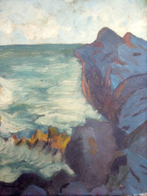 fig 1. The little lighthouse in the waves, ca 1910 abstracted modernist marine landscape oil on canvas
