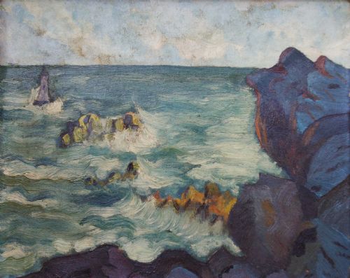 The Little Lighthouse in the Waves, Ca 1910 Abstracted Modernist Marine Landscape Oil on Canvas