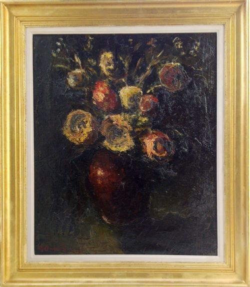 Exuberant French Expressionist Floral Still Life, Circa 1950, Master of the Chiaroscuro, Oil on Canvas
