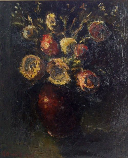fig 1. Exuberant French Expressionist Floral Still Life, circa 1950, Master of the chiaroscuro, oil on canvas