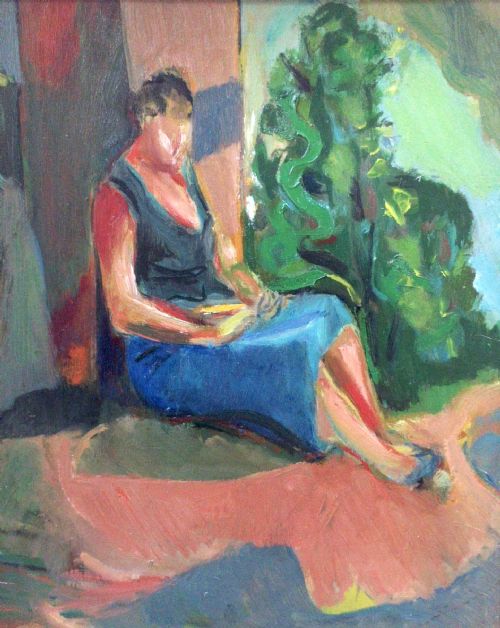 Abstracted Woman Reading in the Outdoors, French Cubist Modernist Oil on Panel, Circa 1930-40