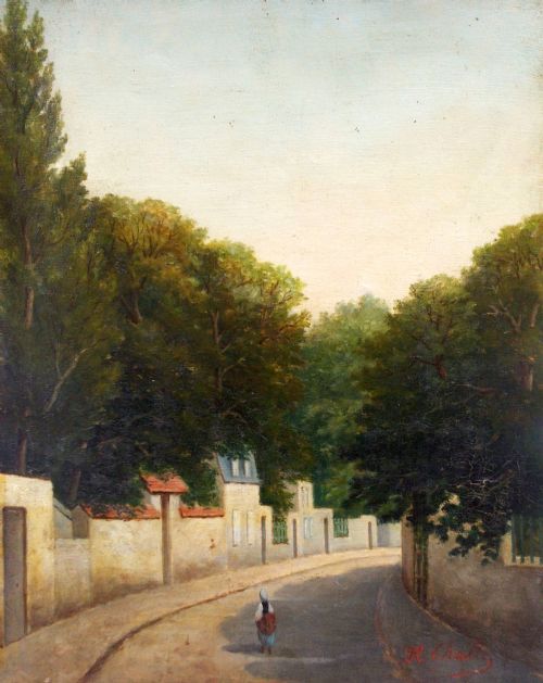 19th Century French Village Scene with a Lone Figure, Antique Oil on Canvas