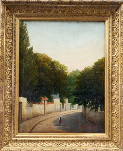 fig 1. 19th Century French Village scene with a lone figure, antique oil on canvas