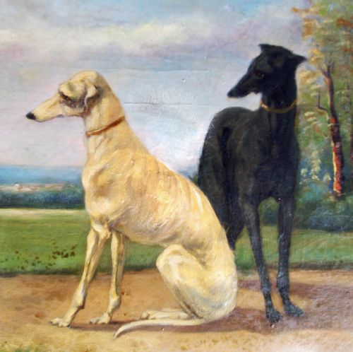 fig 1. Two greyhounds in a landscape, antique French dog painting, circa 1930 oil on canvas, lurchers