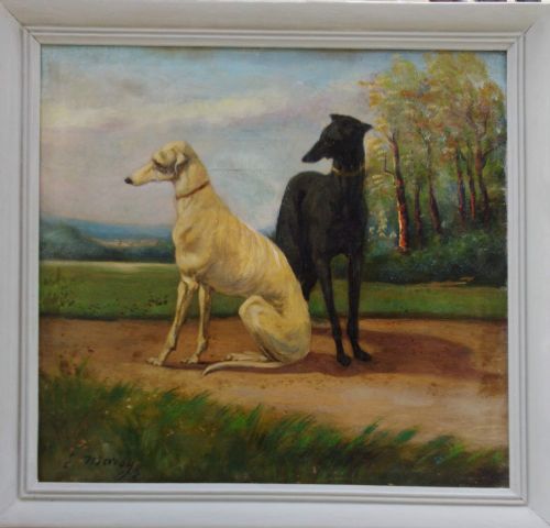 Two Greyhounds in a Landscape, Antique French Dog Painting, Circa 1930 Oil on Canvas, Lurchers