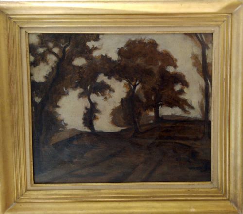 Skyline of Silhouetted Tress, Chiaroscuro: Mysterious 19th Century Antique French Oil on Canvas