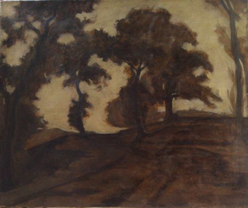 fig 1. Skyline of silhouetted tress, chiaroscuro: mysterious 19th century antique French oil on canvas