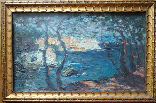 fig 1. Cote d'Azur coast, Calanques, Cassis bay, circa 1920, southern French oil on panel by Italian Italo Giordani