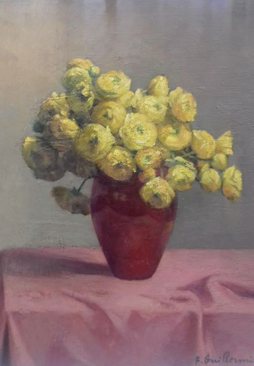 Humble Yellow Ranunculus: Elegant 1920s Modernist French Lyons Floral Still Life Oil on Panel