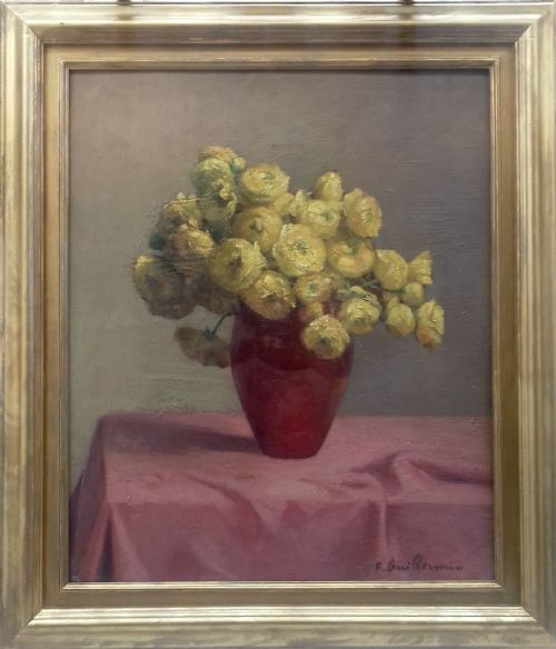 fig 1. Humble Yellow Ranunculus: elegant 1920s modernist French Lyons Floral Still Life oil on panel