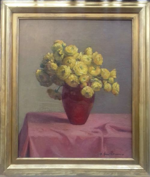 fig 3. Humble Yellow Ranunculus: elegant 1920s modernist French Lyons Floral Still Life oil on panel
