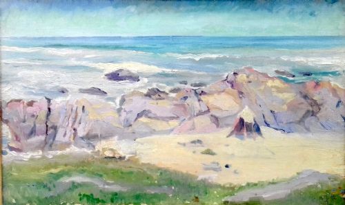 The Beach Hut, Dunes in Brittany, Antique French Oil on Canvas Ca 1920.
