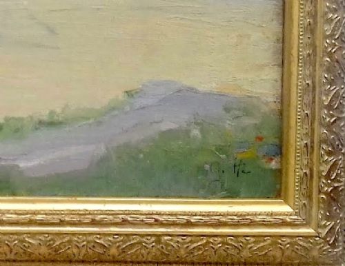 fig 1. The beach hut, dunes in Brittany, antique French oil on canvas ca 1920.