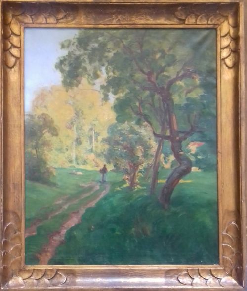 fig 1. Figure in a Summer Landscape, circa 1920, art deco frame mysterious antique French oil on canvas