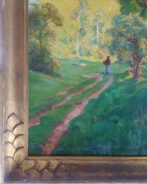 fig 2. Figure in a Summer Landscape, circa 1920, art deco frame mysterious antique French oil on canvas