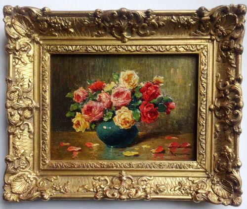 Floral Still Life, Roses, France Circa 1930-40, Antique Oil on Panel