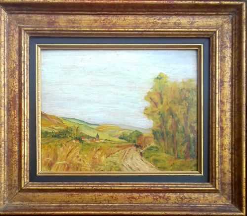 fig 1. Summer Wheat Fields, horse and figure; circa 1930 antique French oil on panel