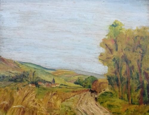Summer Wheat Fields, Horse and Figure;  Circa 1930 Antique French Oil on Panel