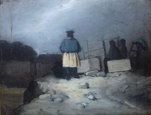Master Stone Mason in the Quarry at Night Time, Ca 1860. Fascinating French Antique Oil on Panel