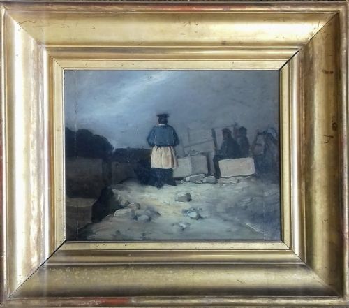 fig 1. Master stone mason in the quarry at night time, ca 1860. Fascinating French antique oil on panel