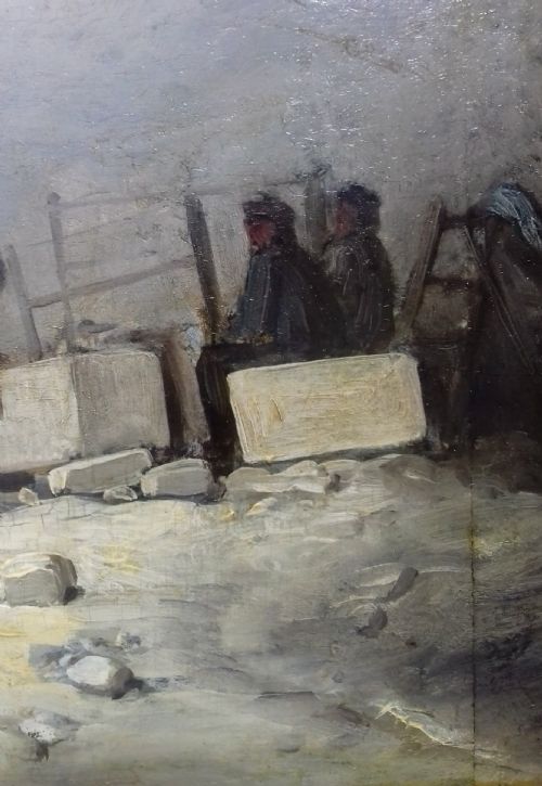 fig 2. Master stone mason in the quarry at night time, ca 1860. Fascinating French antique oil on panel