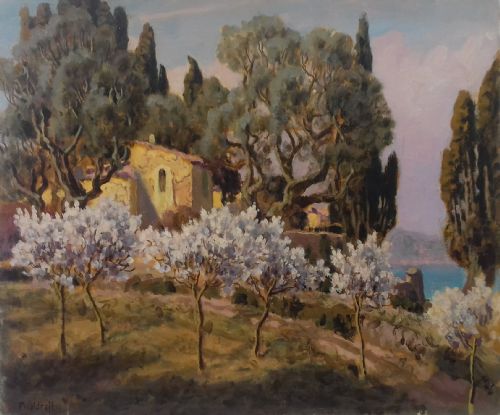 Cote D'azur, the French Riviera Near Menton, Provence Southern Landscape Antique Oil on Canvas
