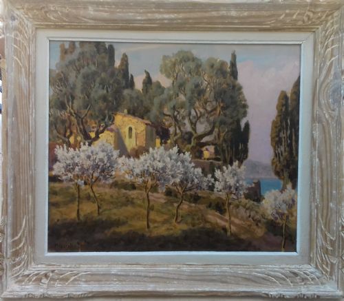 fig 1. Cote d'Azur, The French Riviera near Menton, Provence Southern landscape antique oil on canvas