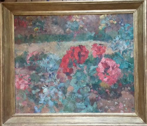 Flower Beds in Bloom, the Garden C 1920, Antique French Impressionist Oil on Canvas