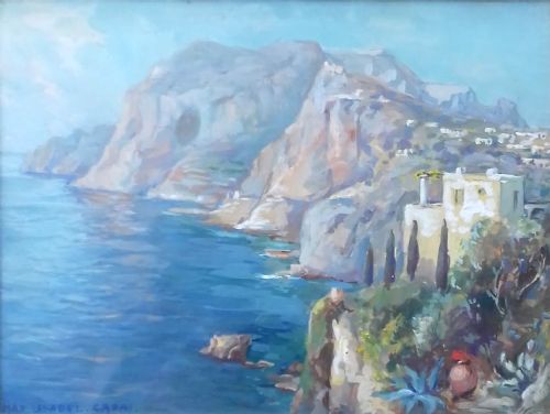 Capri, Italy : Scintillating View Over the Bay Art Deco Gouache on Paper