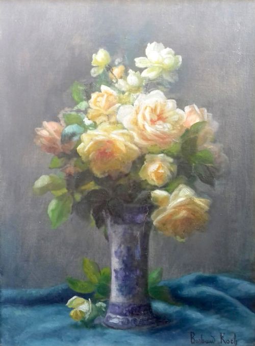 Roses, Elegant French Floral Still Life, Lyon Circa 1900 Antique Oil on Canvas by by Marthe Barbaud-koch (1863-C 1928)