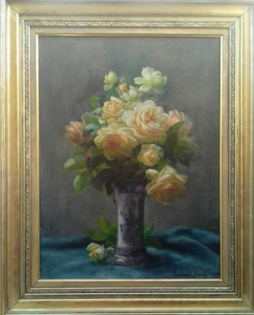 fig 1. Roses, Elegant French Floral Still Life, Lyon circa 1900 antique oil on canvas by by Marthe Barbaud-Koch (1863-c 1928)
