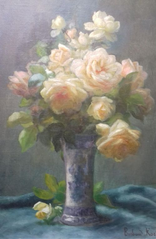 fig 2. Roses, Elegant French Floral Still Life, Lyon circa 1900 antique oil on canvas by by Marthe Barbaud-Koch (1863-c 1928)
