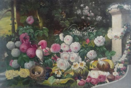 Swallows Nesting in a Park Landscape, Circa 1860 French Antique Idealised Oil on Canvas - Birds and Garden