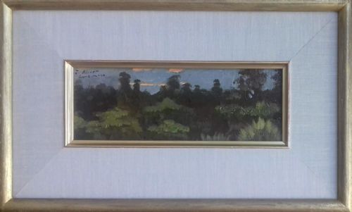fig 1. Mysterious landscape in evening light dedicated to Monet, circa 1900, antique French miniature oil on panel