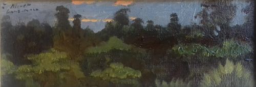 Mysterious Landscape in Evening Light Dedicated to Monet, Circa 1900, Antique French Miniature Oil on Panel