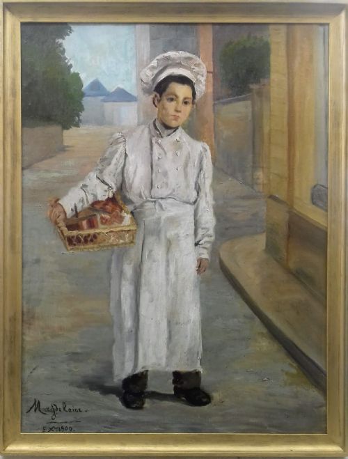 fig 1. The young cook in chef's whites and toque,1900 French antique oil on canvas