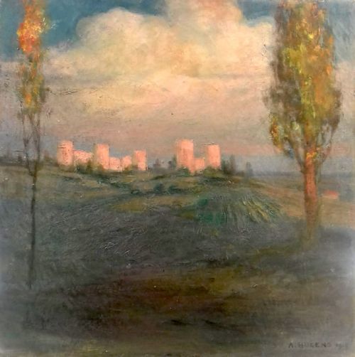 Continental Symbolist Landscape, 1915, the Castle on the Hill, Clouds, Evening Light, Antique Oil on Canvas