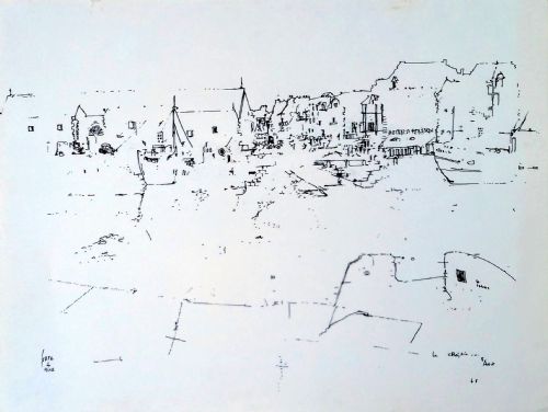 Abstracted Modernist Seaside Scene, the Harbour at Le Croisic, Brittany, France,  August 1968, Large Maritime Drawing by Cara Costea