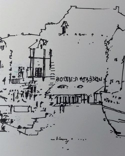 fig 2. Abstracted modernist seaside scene, the harbour at Le Croisic, Brittany, France, August 1968, large maritime drawing by Cara Costea