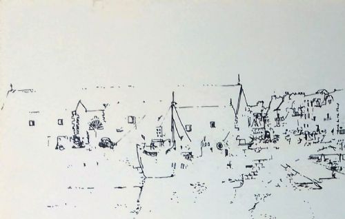 fig 3. Abstracted modernist seaside scene, the harbour at Le Croisic, Brittany, France, August 1968, large maritime drawing by Cara Costea