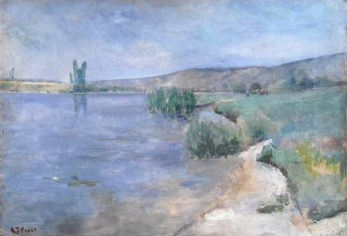 Pastures by the Seine, River Landscape Normandy Circa 1880 French American Antique Oil on Canvas
