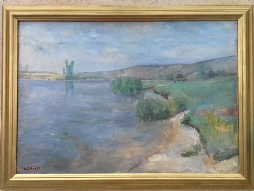 fig 1. Pastures by the Seine, river landscape Normandy circa 1880 French American antique oil on canvas