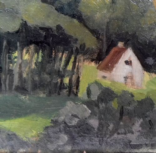 fig 1. Rolling hills, fauve Normandy landscape with grazing cattle - Paris street scene verso - French antique oil on panel 1940